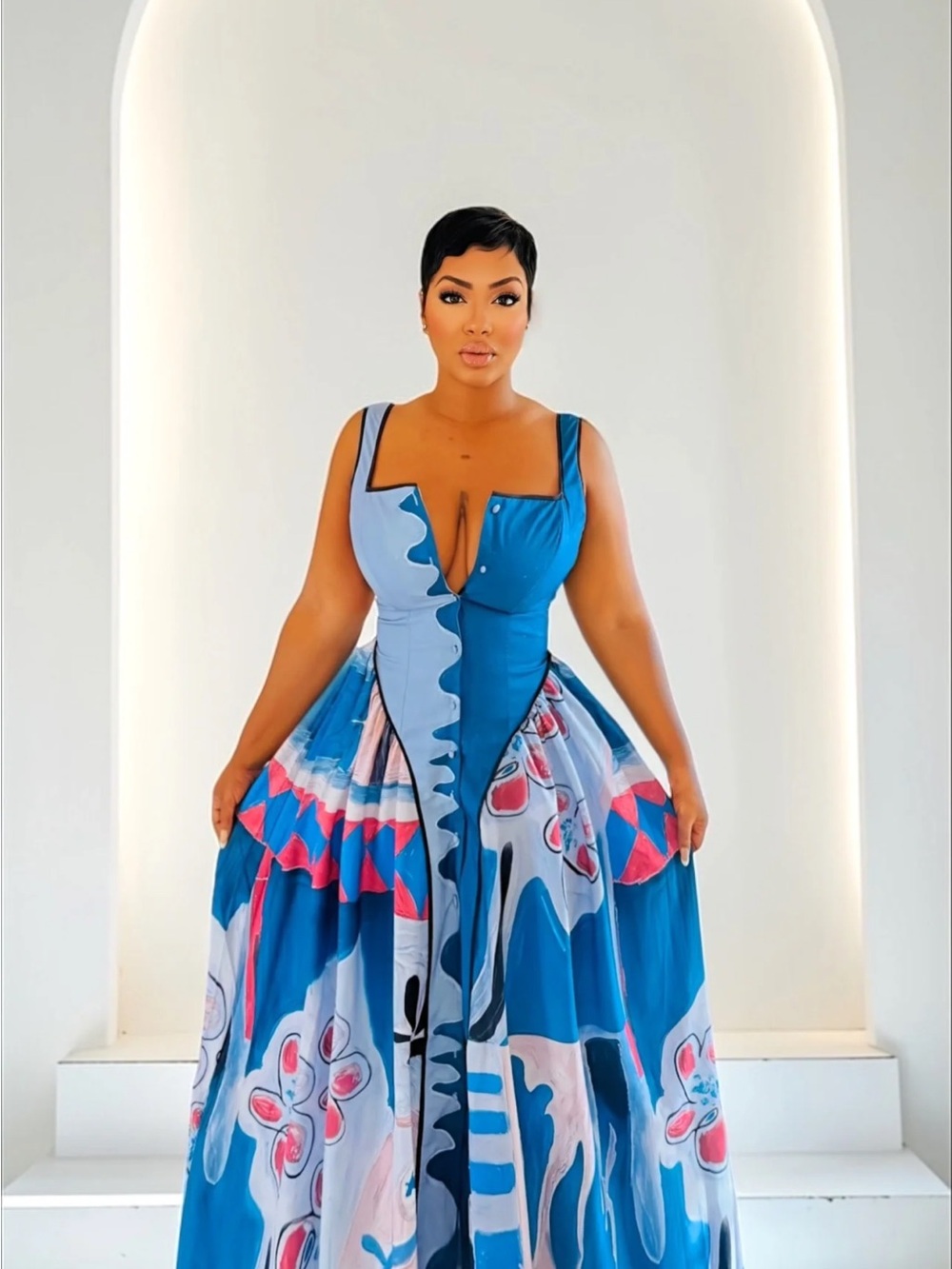 Blue Printed Sleeveless Maxi Dress with Sculpted Bodice